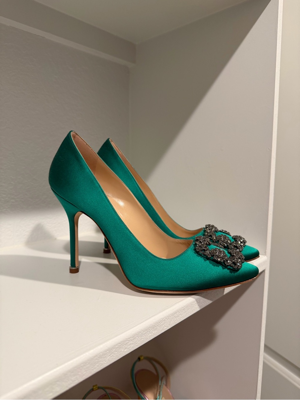 Emerald Satin Pointed Toe Heels with Crystal Buckle